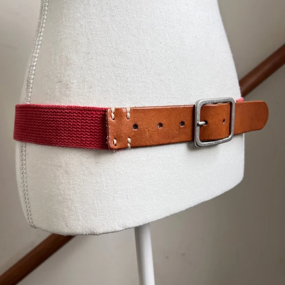 Vintage Red Canvas Brown‎ Leather Belt Silver Buckle Preppy Statement